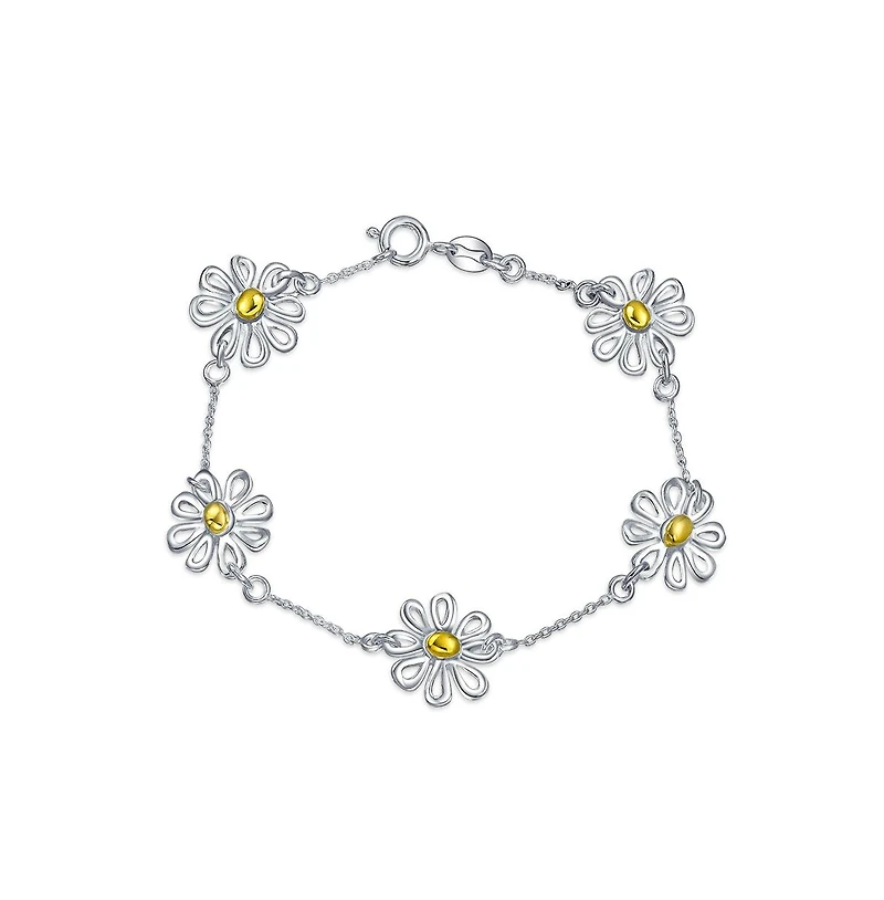 Bling Jewelry Summer Spring Time Two Tone Station Sunflower Daisy Flower Charm Bracelet Yellow Gold Plated Sterling Silver