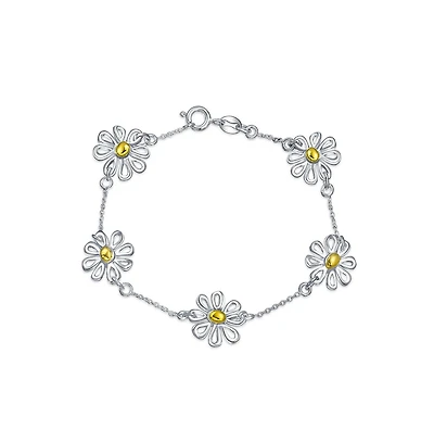 Bling Jewelry Summer Spring Time Two Tone Station Sunflower Daisy Flower Charm Bracelet Yellow Gold Plated Sterling Silver