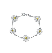 Bling Jewelry Summer Spring Time Two Tone Station Sunflower Daisy Flower Charm Bracelet Yellow Gold Plated Sterling Silver