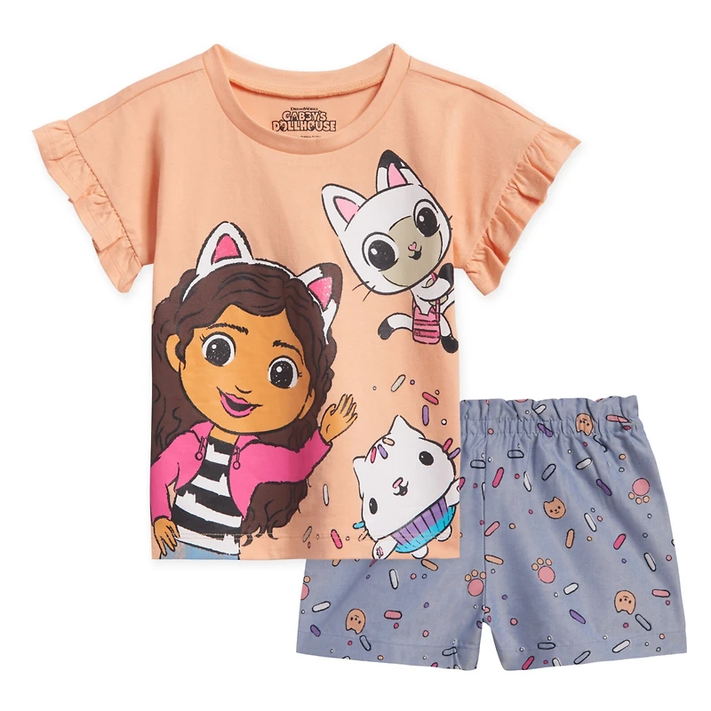 Gabby's Dollhouse Little Girls Dreamworks T-Shirt and Chambray Shorts Outfit Set