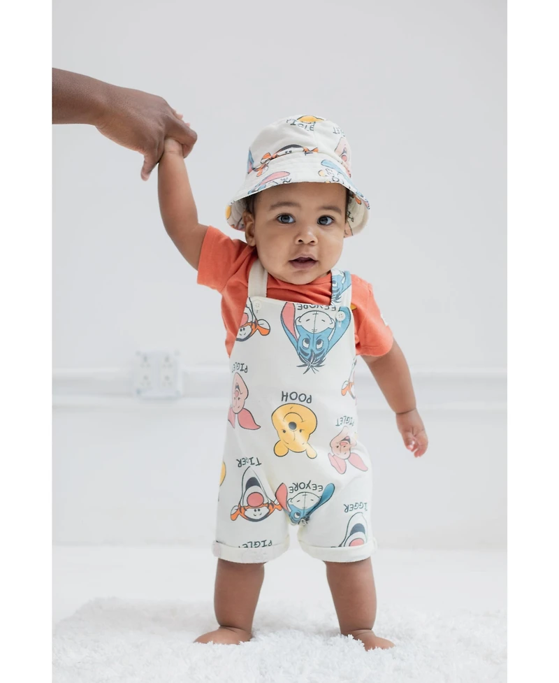 Winnie the Pooh Baby Boys Tigger French Terry Short Overalls T-Shirt and Hat 3 Piece Outfit Set