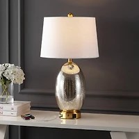 Jonathan Y Reese 26.5" 1-Outlet Contemporary Style Iron/Glass Led Table Lamp with Usb Charging Port, Silver/Brass Gold