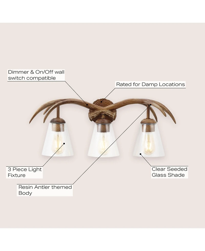 Jonathan Y Wyatt 25.5" 3-Light Southwestern Bohemian Resin/Seeded Glass Faux Antler Led Vanity Light, Brown Wood Finish