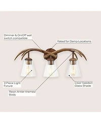 Jonathan Y Wyatt 25.5" 3-Light Southwestern Bohemian Resin/Seeded Glass Faux Antler Led Vanity Light, Brown Wood Finish