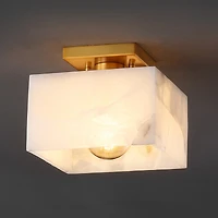 Jonathan Y Alessia 8" 1-Light Modern Contemporary Alabaster/Iron Square Led Semi Flush Mount, White Marbling/Brass Gold