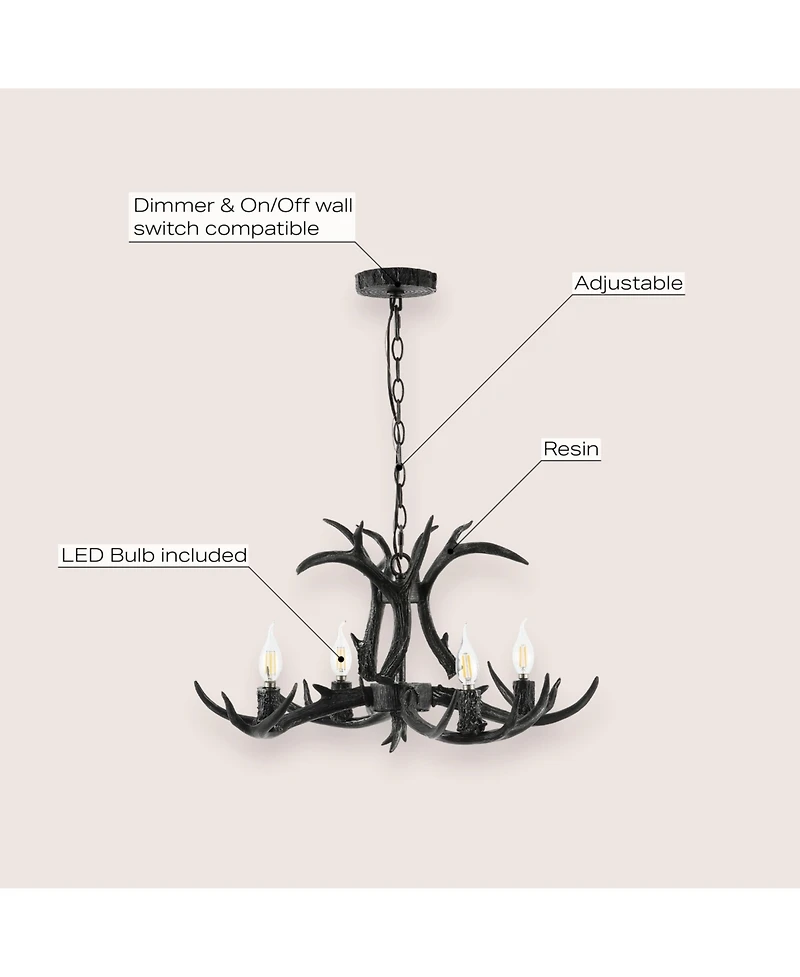 Jonathan Y Eldora 26" Adjustable Resin Antler 4-Light Led Chandelier, Black