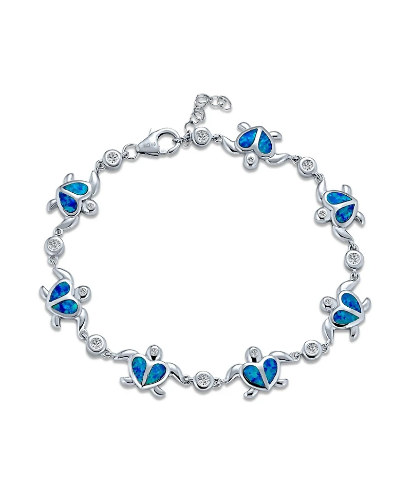 Bling Jewelry Nautical Aquatic Tropical Beach Vacation Synthetic Created Opal Inlay Sea Tortoise Cz Accent Heart Multi Charm Turtles Bracelet Sterling