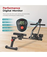 Sunny Health & Fitness Smart Compact Hydraulic Rower &with 12 Levels Resistance and Free SunnyFit App Via Bluetooth