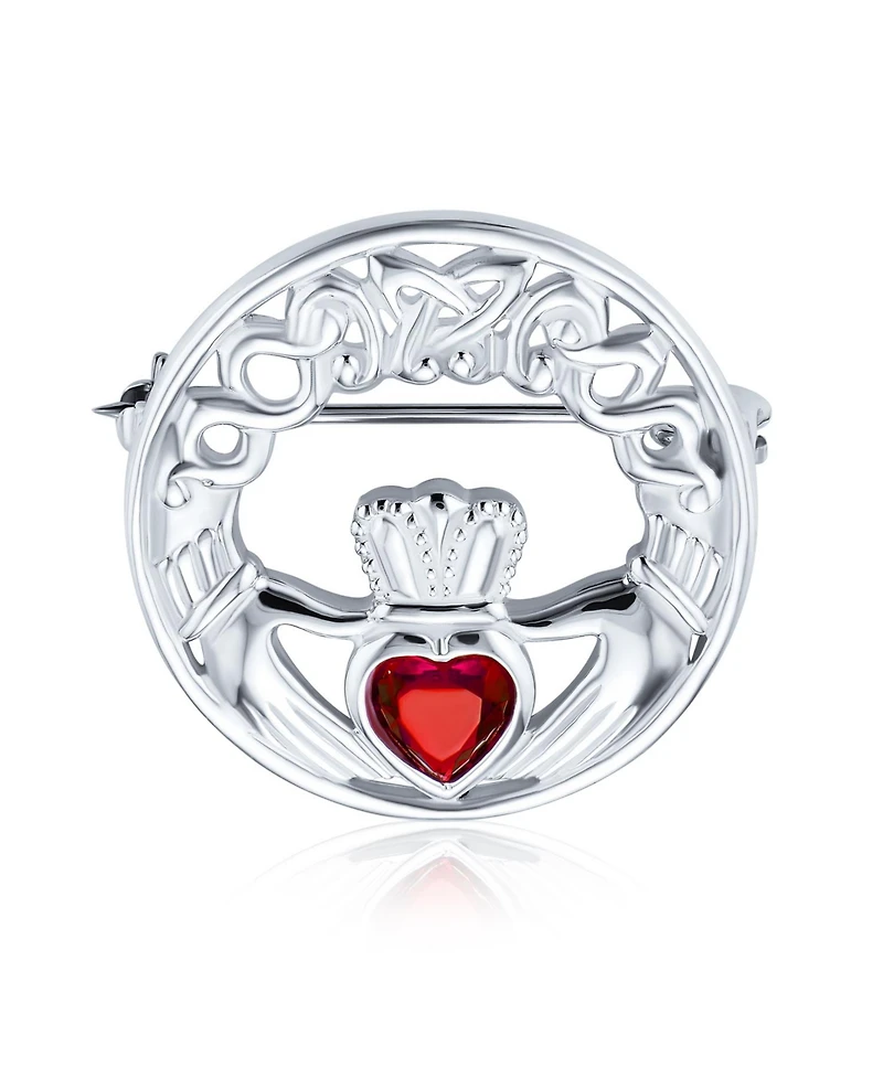 Bling Jewelry Traditional Irish Celtic Claddagh Brooche Pin with Red Heart Cz Sterling Silver