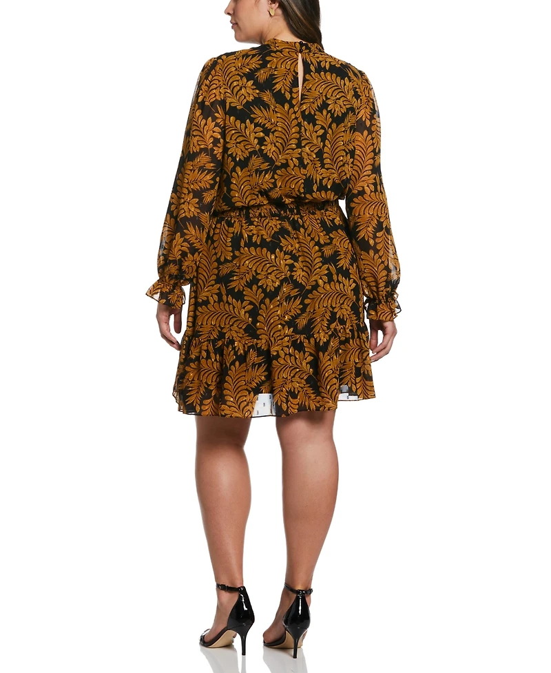 Ella Rafaella Plus Metallic Leaves Print Long Sleeve Dress