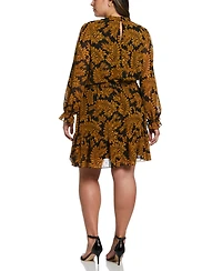 Ella Rafaella Plus Metallic Leaves Print Long Sleeve Dress