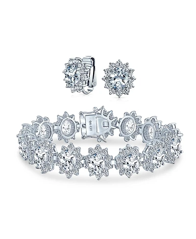 Bling Jewelry Style Fashion Oval Crown Halo Statement Bracelet Matching Clip On Earrings Jewelry Set Silver Plated