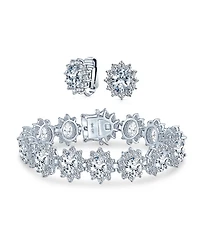 Bling Jewelry Style Fashion Oval Crown Halo Statement Bracelet Matching Clip On Earrings Jewelry Set Silver Plated