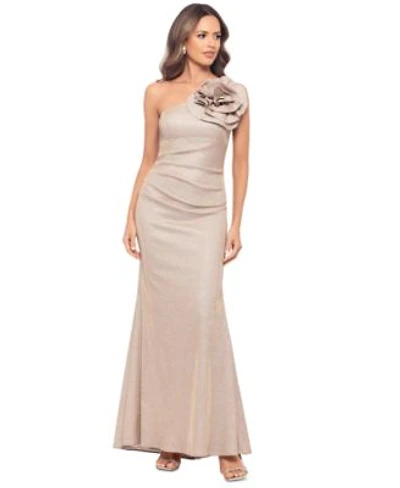 Betsy Adam Womens Metallic Rosette One Shoulder Gown