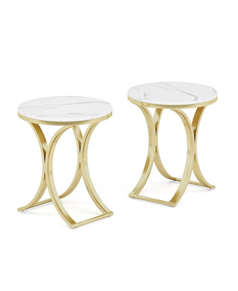 Tribesigns Set of 2 Small Round Sofa Side Table, Marble White and Gold End Table, Contemporary Marble Side Table