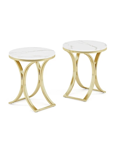 Tribesigns Set of 2 Small Round Sofa Side Table, Marble White and Gold End Table, Contemporary Marble Side Table