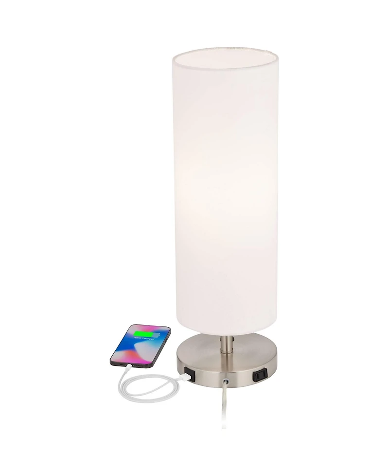 360 Lighting Heyburn Modern Accent Table Lamp 20" High Brushed Steel with Usb and Ac Power Outlet in Base Off White Cylinder Shade for Bedroom De