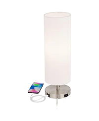 360 Lighting Heyburn Modern Accent Table Lamp 20" High Brushed Steel with Usb and Ac Power Outlet in Base Off White Cylinder Shade for Bedroom De