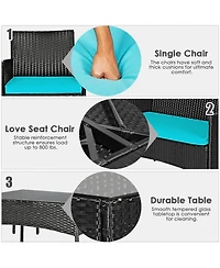 Sugift 4 Pieces Patio Rattan Cushioned Sofa Set with Tempered Glass Coffee Table-Turquoise