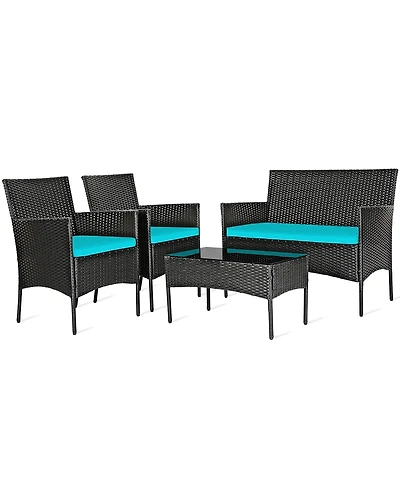Sugift 4 Pieces Patio Rattan Cushioned Sofa Set with Tempered Glass Coffee Table-Turquoise