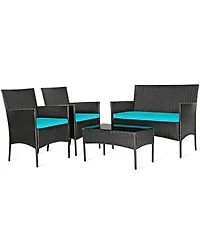 Sugift 4 Pieces Patio Rattan Cushioned Sofa Set with Tempered Glass Coffee Table-Turquoise