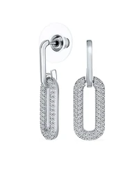 Bling Jewelry Geometric Vertical U Rectangle Inside Out Micro Pave Cz Dangling Chain Link Paperclip Earrings Gold Plated