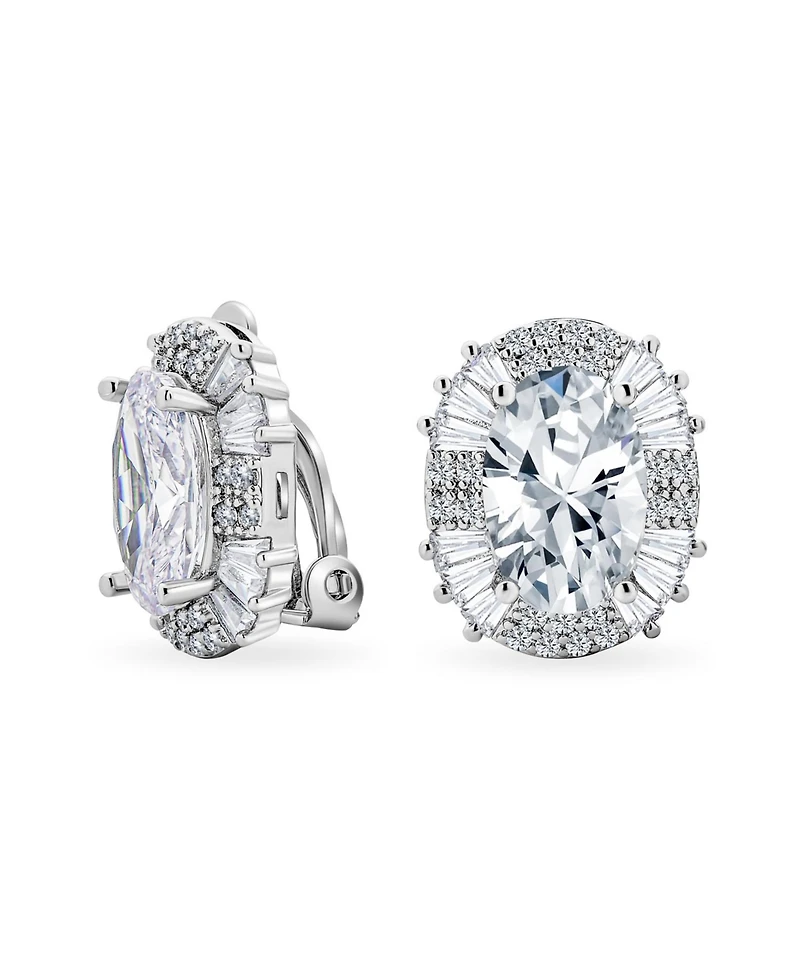 Bling Jewelry Art Deco Style Fashion Formal Holiday Party Large Oval Clear Cubic Zirconia Baguette Halo Cz Stud Clip On Earrings Non Pierced Ear
