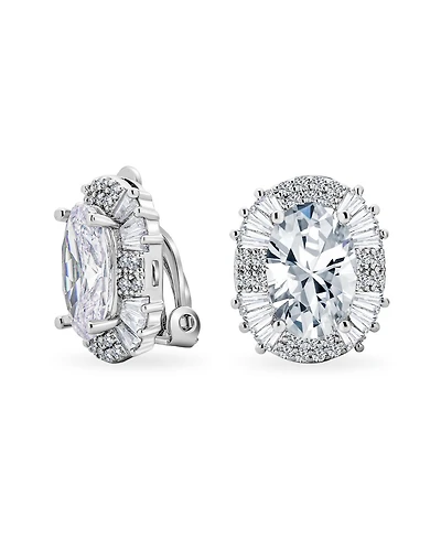 Bling Jewelry Art Deco Style Fashion Formal Holiday Party Large Oval Clear Cubic Zirconia Baguette Halo Cz Stud Clip On Earrings Non Pierced Ear