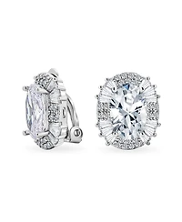 Bling Jewelry Art Deco Style Fashion Formal Holiday Party Large Oval Clear Cubic Zirconia Baguette Halo Cz Stud Clip On Earrings Non Pierced Ear