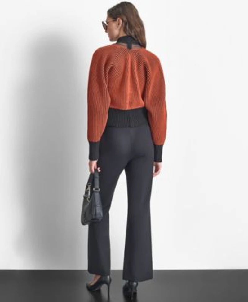 Dkny Womens Turtleneck Long Sleeve Zip Back Mesh Top Soft Ponte Knit High Rise Pull On Pants Contrast Ribbed Open Front Cardigan