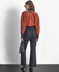 Dkny Womens Turtleneck Long Sleeve Zip Back Mesh Top Soft Ponte Knit High Rise Pull On Pants Contrast Ribbed Open Front Cardigan