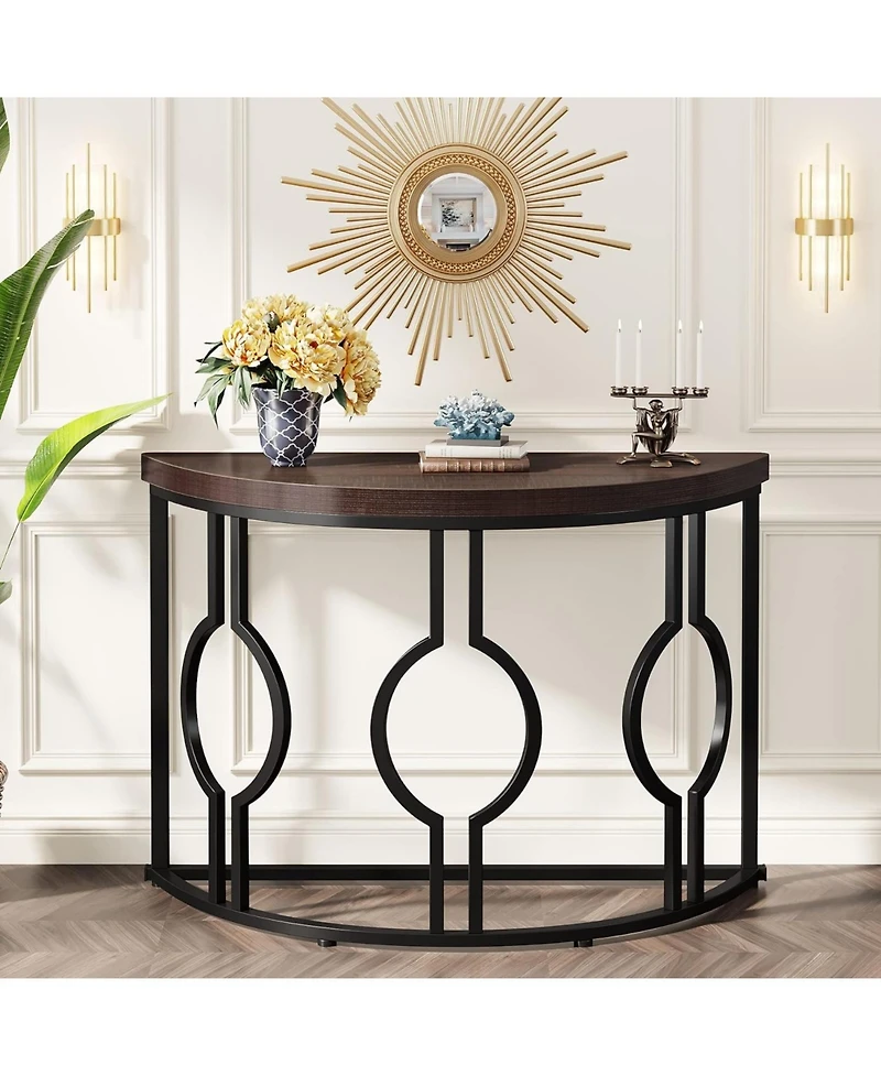 Tribesigns Half Moon Console Table for Entryway, 43 Inch Industrial Semi Circle Sofa Table with Geometric Base, Wood Accent Table for Living Room, Hal