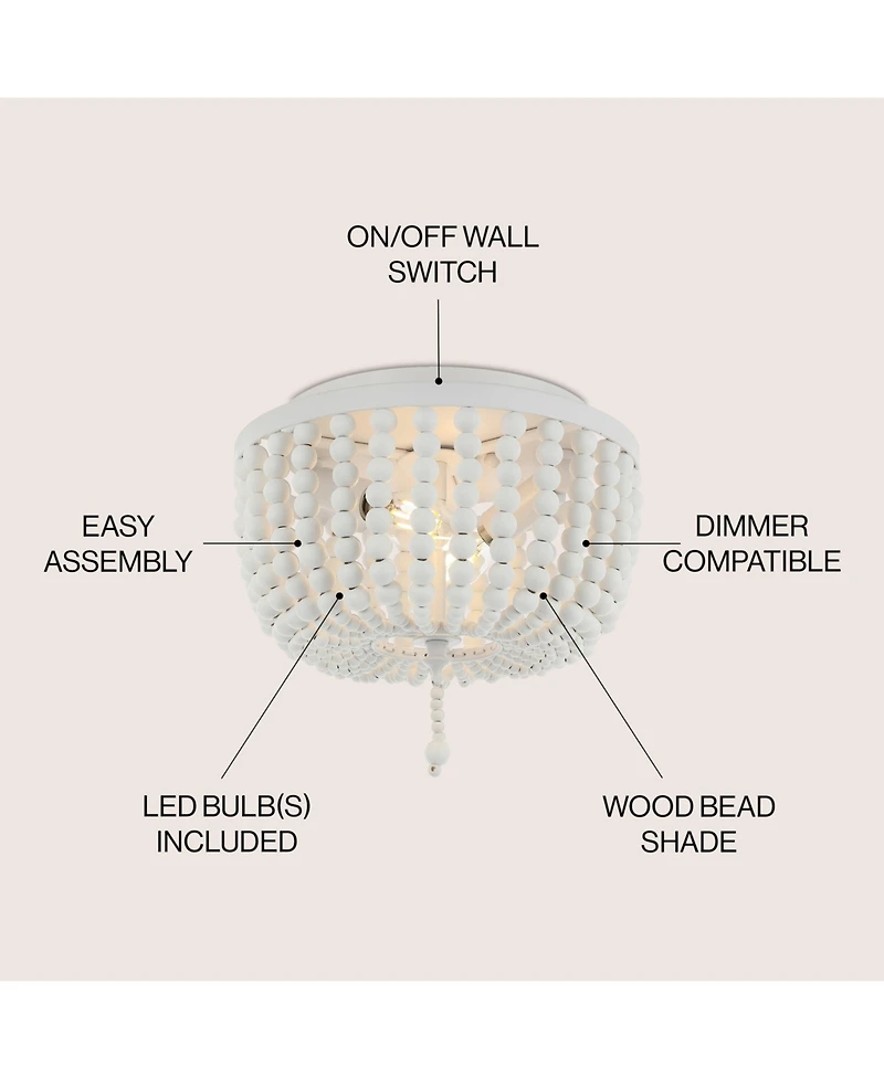Jonathan Y Allison 10" 2-Light Shabby Chic Farmhouse Wood Beaded/Metal Led Flush Mount, White