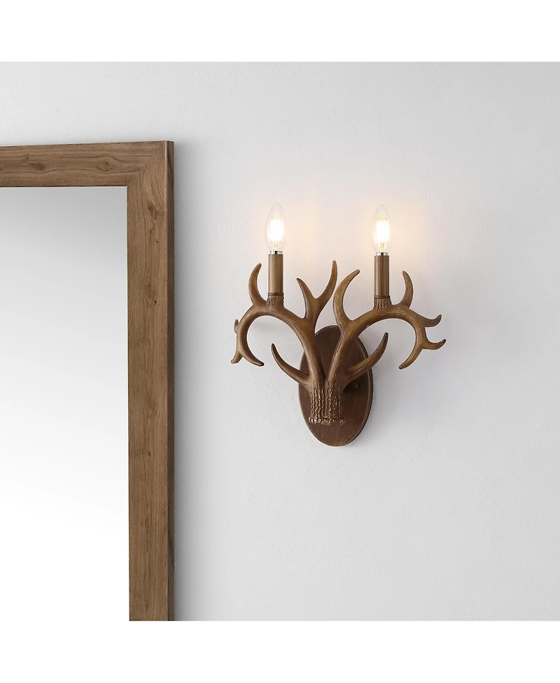 Jonathan Y Oakley 13.25" 2-Light Southwestern Bohemian Resin/Iron Faux Antler Led Sconce, Brown Wood Finish