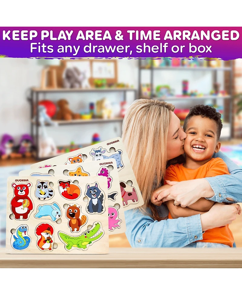 Quokka 3xSET Wooden Animal Peg Puzzles for Toddlers Ages 1-3-5
