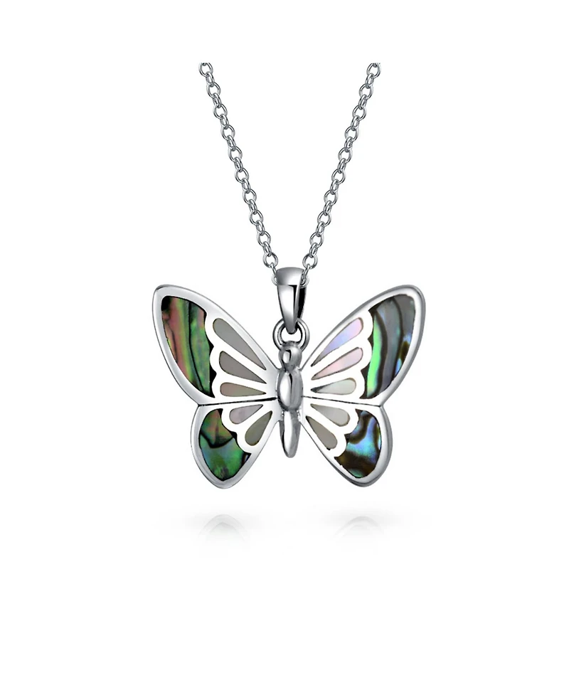 Bling Jewelry Fine Iridescent Color Changing Rainbow Abalone Shell Inlay Butterfly Pendant Necklace Sterling Silver With Chain