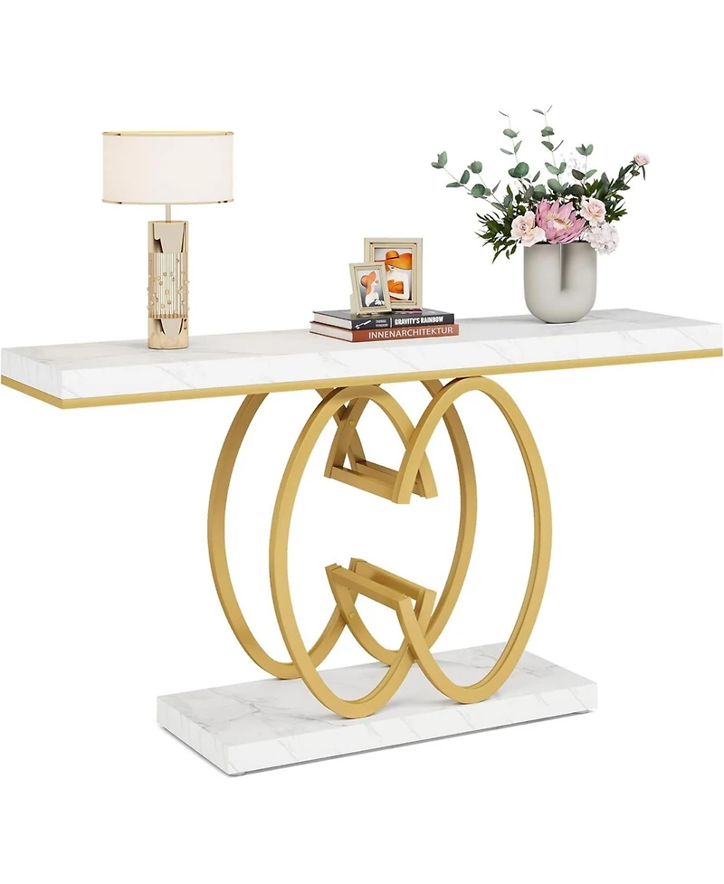 Tribesigns 55 Inch Console Table, Faux Marble Gold Entryway Table with Geometric Metal Base, Modern Narrow Sofa Accent Table (White & Gold)