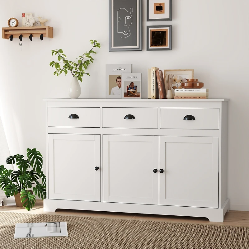 Gymax Modern Buffet Sideboard 53.5'' Storage Cabinet w/ 3 Drawers 3 Doors White