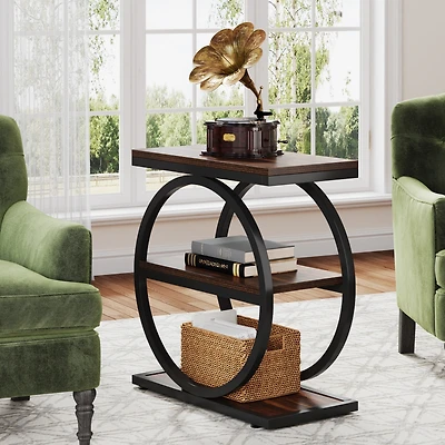 Tribesigns Narrow End Table with 3 Storage Shelves, Wood Side Black Metal Frames, Industrial Sofa Table, Nightstand and Bedside