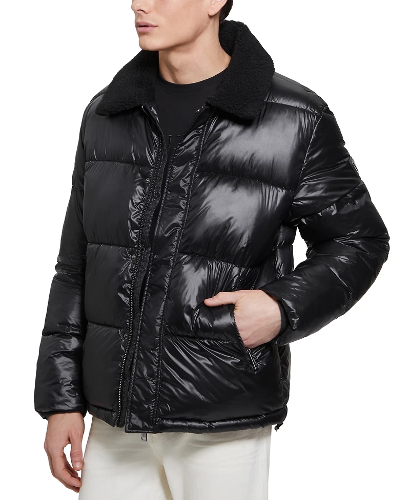 Guess Men's Puffer Jacket with Sherpa Collar