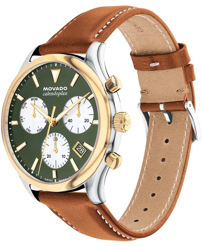 Movado Men's Calendoplan Swiss Quartz Chrono Cognac Leather Watch 43mm
