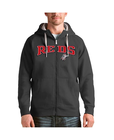 Antigua Men's Charcoal Cincinnati Reds Team Logo Victory Full-Zip Hoodie