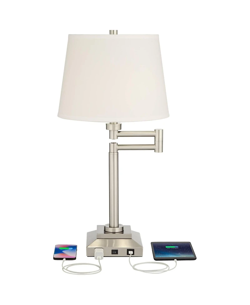 360 Lighting Camber Modern Desk Table Lamp Swing Arm with Hotel Style Usb and Ac Power Outlet in Base 29" Tall Brushed Nickel Linen Shade for Living R