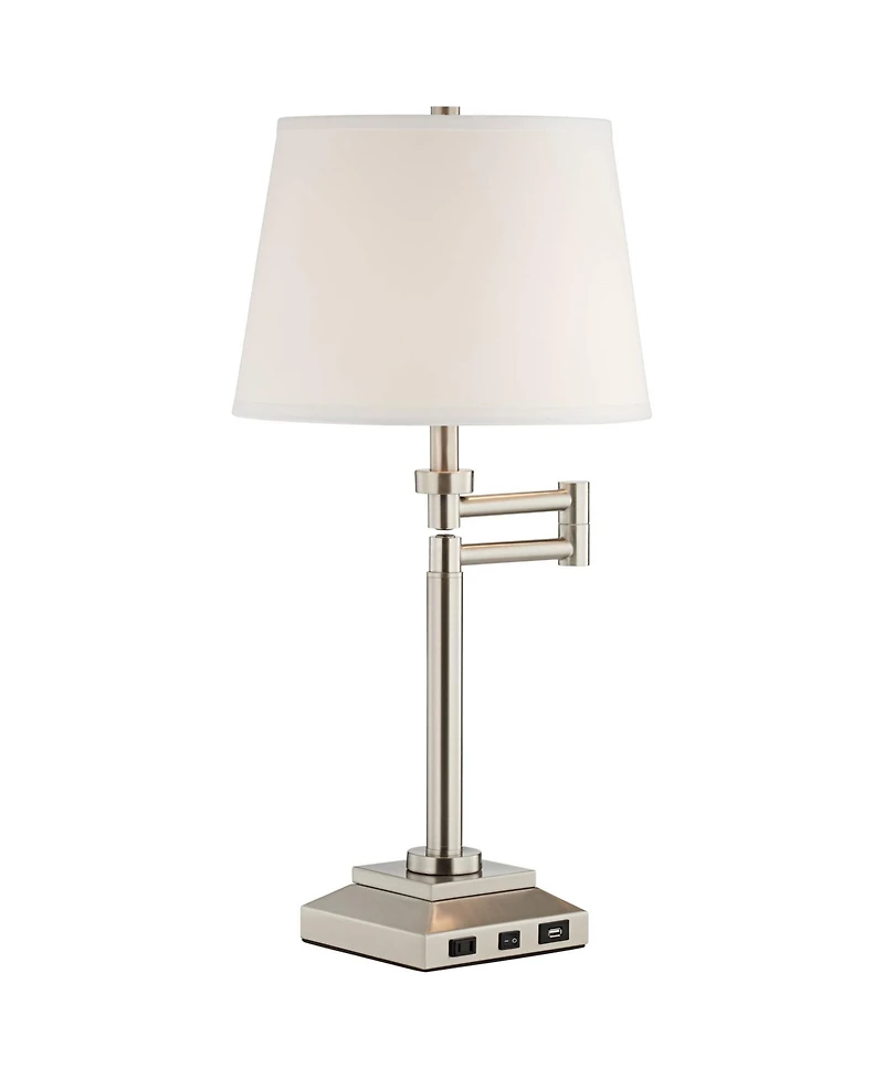 360 Lighting Camber Modern Desk Table Lamp Swing Arm with Hotel Style Usb and Ac Power Outlet in Base 29" Tall Brushed Nickel Linen Shade for Living R