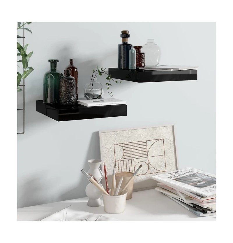 vidaXL Floating Wall Shelves 2 pcs High Gloss Black 9.1"x9.3"x1.5" Mdf