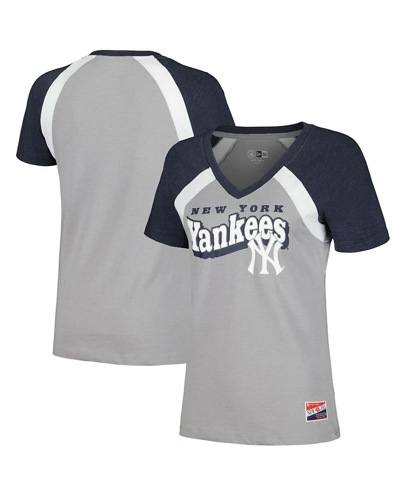 New Era Women's Gray New York Yankees Heathered Raglan V-Neck T-Shirt