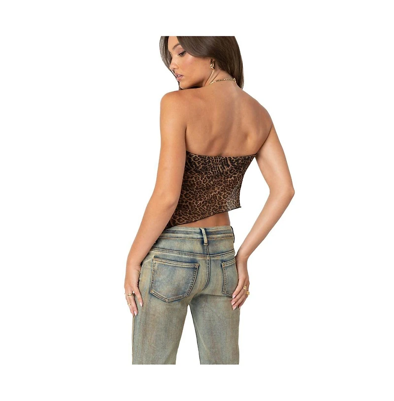 Edikted Womens Leopard Printed Sheer Mesh Tube Top