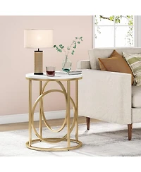 Tribesigns Modern Round End Table with Faux Marble White Top, 20”Sofa Side Table Coffee Table Cocktail Table with Unique Gold O-Shaped Base, Mi