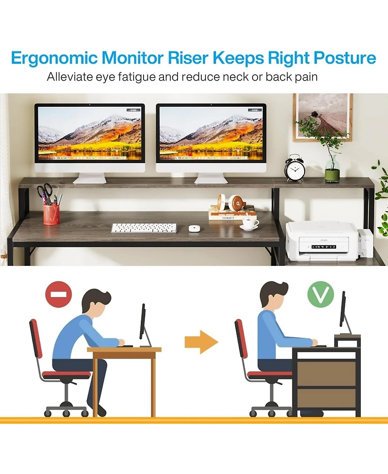 Tribesigns 63 Inch Computer Desk with File Drawer Cabinet, Ergonomic Office Monitor Stand, Table Printer Space, Wood Pc