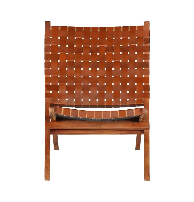 Folding Chair Crossed-Stripe Brown Real Leather